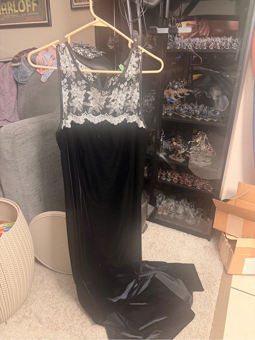 Black Velvet Evening Dress with silver White Lace Bodice
